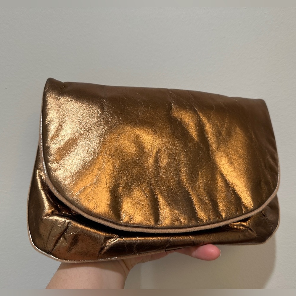 Vintage leather bronze gold clutch handbag with shoulder strap purse